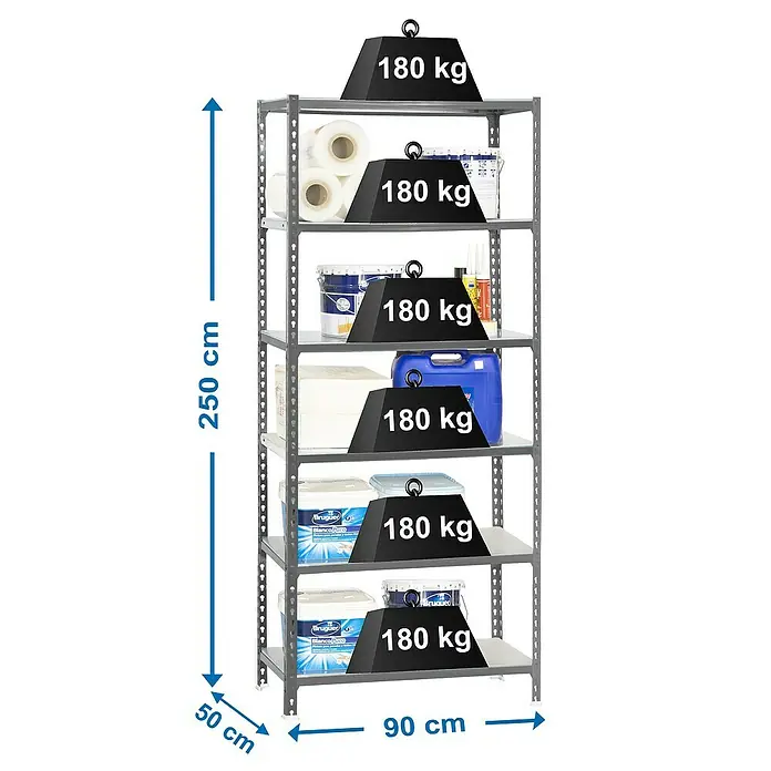 Simonrack Simonclick Estantería metálica - L x An x Al: 50 x 90 x 250 cm, Capacidad de carga: 180 kg/balda, Número de baldas: 6 ud., Inserción, Gris - Dibujo técnico