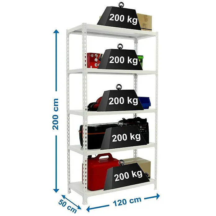 Simonrack Simonclick Estantería metálica Megaplus - L x An x Al: 50 x 120 x 200 cm, Capacidad de carga: 200 kg/balda, Número de baldas: 5 ud., Inserción, Blanco - Dibujo técnico