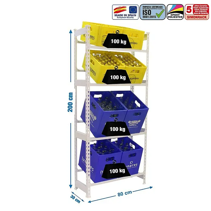 Simonrack Simonbottle Estantería para cajas de bebidas - L x An x Al: 30 x 80 x 200 cm, Capacidad de carga: 100 kg/balda, Número de baldas: 4 ud., Blanco - Dibujo técnico