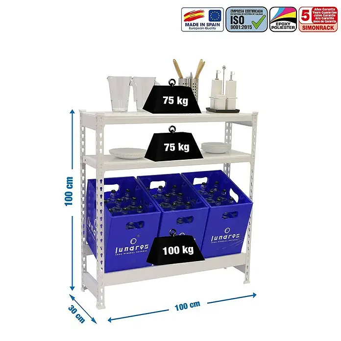 Simonrack Simonbottle Estantería para cajas de bebidas Shelf - L x An x Al: 30 x 100 x 100 cm, Capacidad de carga: 100 kg/balda, Número de baldas: 3 ud., Blanco - Dibujo técnico