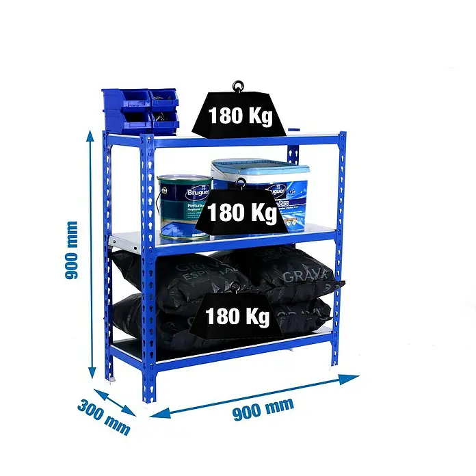 Simonrack Simonclick Estantería metálica - L x An x Al: 30 x 90 x 90 cm, Capacidad de carga: 180 kg/balda, Número de baldas: 3 ud., Inserción, Azul/Galvanizado - Dibujo técnico