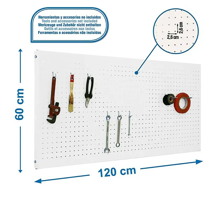Simonrack Panelclick Panel perforado con 8 ganchos - L x An: 120 x 60 cm, Blanco - Dibujo técnico