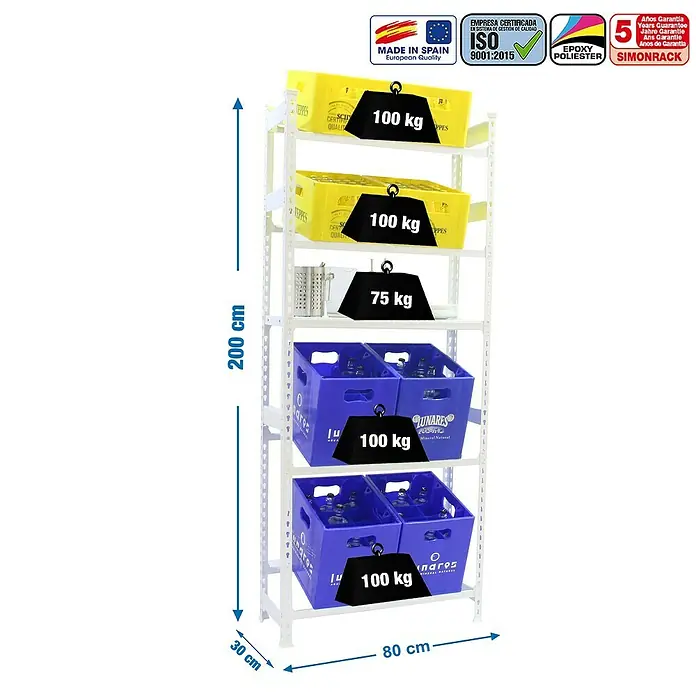 Simonrack Simonbottle Estantería para cajas de bebidas Shelf - L x An x Al: 30 x 80 x 200 cm, Capacidad de carga: 100 kg/balda, Número de baldas: 5 ud., Blanco - Dibujo técnico
