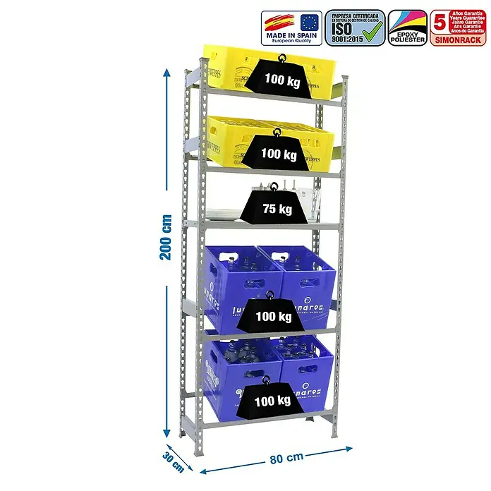 Simonrack Simonbottle Estantería para cajas de bebidas Shelf - L x An x Al: 30 x 80 x 200 cm, Capacidad de carga: 100 kg/balda, Número de baldas: 5 ud., Gris - Dibujo técnico