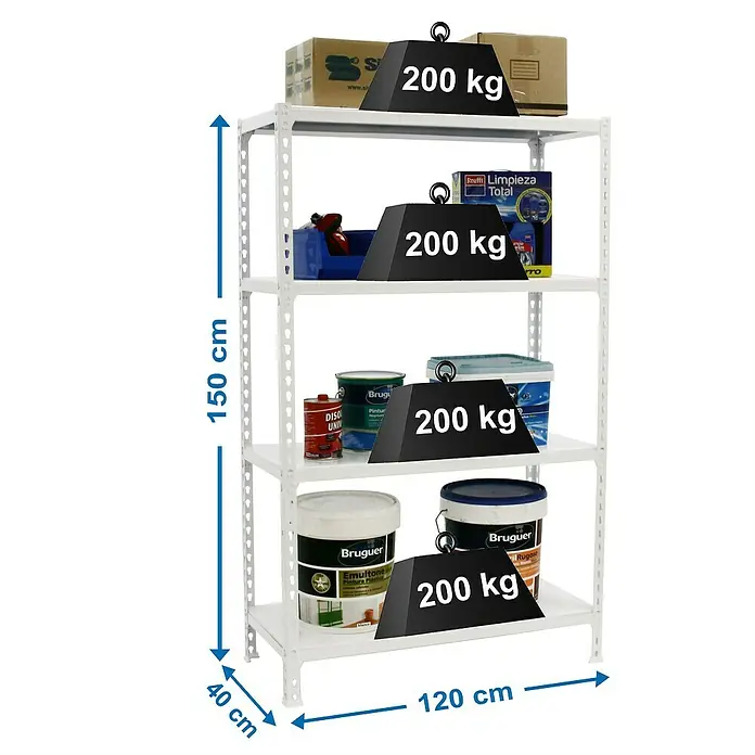 Simonrack Simonclick Estantería metálica Megaplus - L x An x Al: 40 x 120 x 150 cm, Capacidad de carga: 200 kg/balda, Número de baldas: 4 ud., Inserción, Blanco - Dibujo técnico