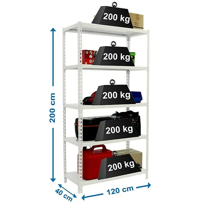 Simonrack Simonclick Estantería metálica Megaplus - L x An x Al: 40 x 120 x 200 cm, Capacidad de carga: 200 kg/balda, Número de baldas: 5 ud., Inserción, Blanco - Dibujo técnico