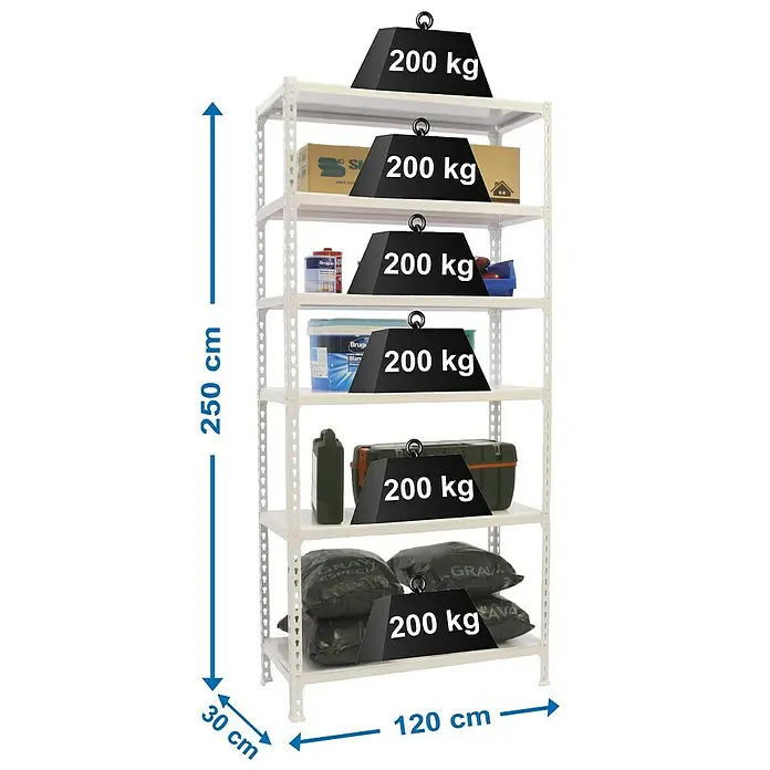 Simonrack Simonclick Estantería metálica Megaplus - L x An x Al: 30 x 120 x 250 cm, Capacidad de carga: 200 kg/balda, Número de baldas: 6 ud., Inserción, Blanco - Dibujo técnico