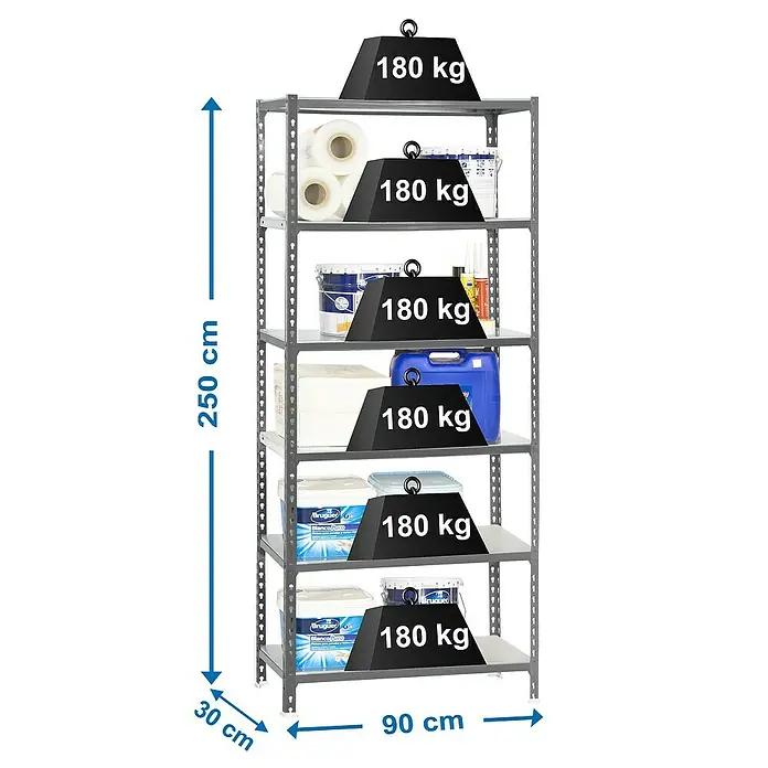Simonrack Simonclick Estantería metálica - L x An x Al: 30 x 90 x 250 cm, Capacidad de carga: 180 kg/balda, Número de baldas: 6 ud., Inserción, Gris - Dibujo técnico