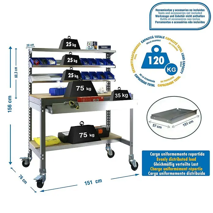Simonrack Simonwork Banco de trabajo BT1 Box Mobile - L x An x Al: 76 x 151 x 152 cm, Capacidad de carga: 120 kg, Gris - Dibujo técnico