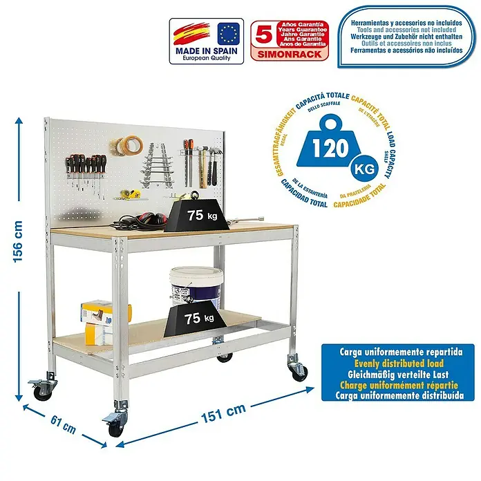 Simonrack Simonwork Banco de trabajo BT2 Mobile - L x An x Al: 61 x 151 x 152 cm, Capacidad de carga: 120 kg, Galvanizado - Dibujo técnico