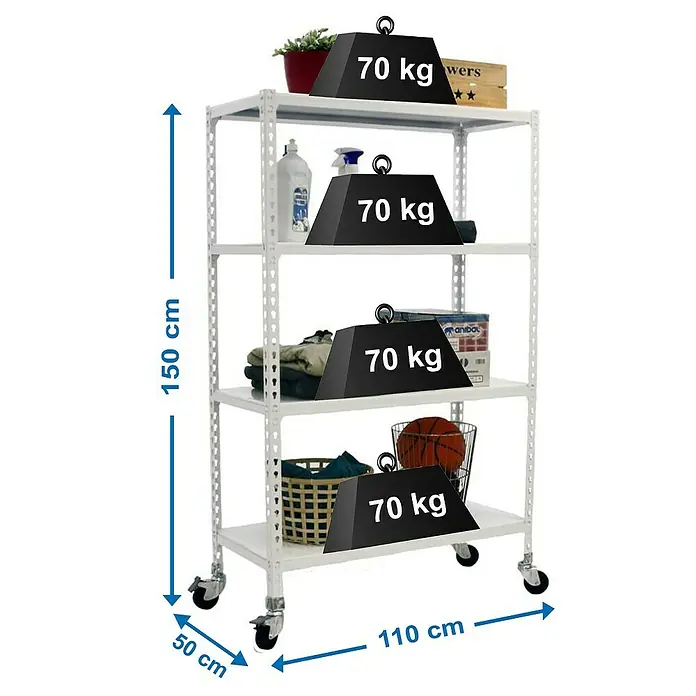Simonrack Simonclick Estantería metálica Mobile Superplus - L x An x Al: 50 x 110 x 157,5 cm, Capacidad de carga: 75 kg/balda, Número de baldas: 4 ud., Inserción, Blanco - Dibujo técnico