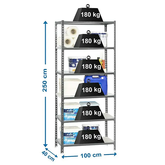 Simonrack Simonclick Estantería metálica Plus - L x An x Al: 40 x 100 x 250 cm, Capacidad de carga: 180 kg/balda, Número de baldas: 6 ud., Inserción, Gris - Dibujo técnico