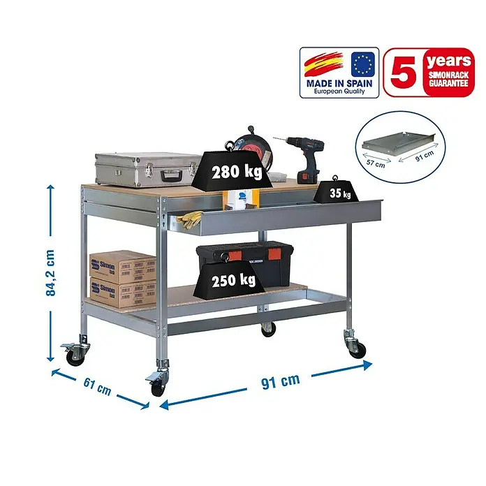 Simonrack Simonwork Banco de trabajo BT0 Box Mobile - L x An x Al: 61 x 91 x 91,7 cm, Capacidad de carga: 120 kg, Galvanizado - Dibujo técnico