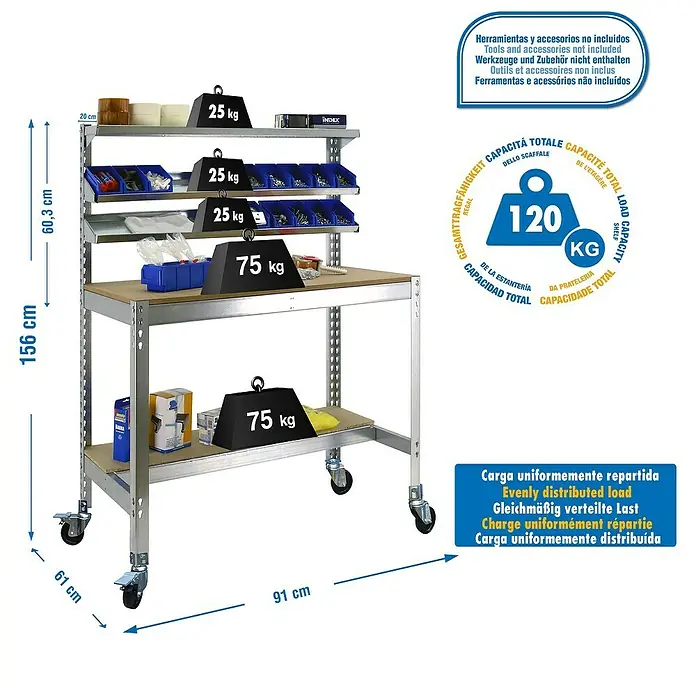 Simonrack Banco de trabajo BT1 Mobile - L x An x Al: 61 x 91 x 152 cm, Galvanizado - Dibujo técnico