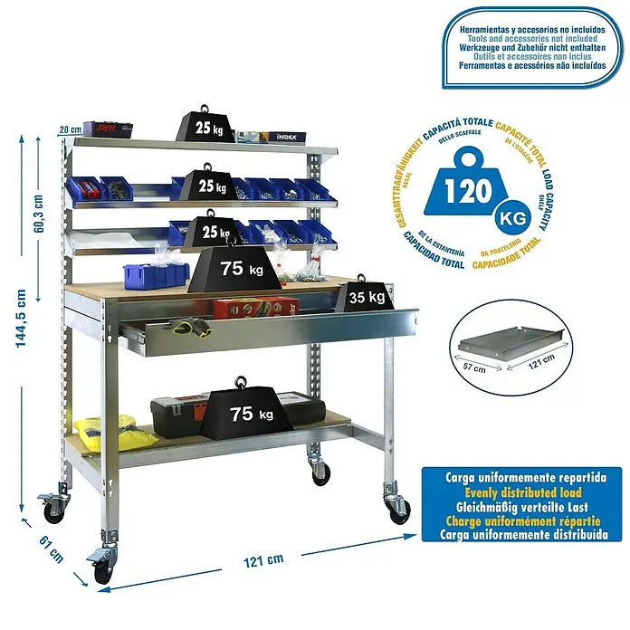 Simonrack Simonwork Banco de trabajo BT1 Box Mobile - L x An x Al: 61 x 121 x 152 cm, Capacidad de carga: 120 kg, Galvanizado - Dibujo técnico