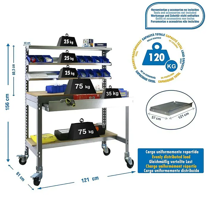 Simonrack Simonwork Banco de trabajo BT1 Box Mobile - L x An x Al: 61 x 121 x 152 cm, Capacidad de carga: 120 kg, Gris - Dibujo técnico