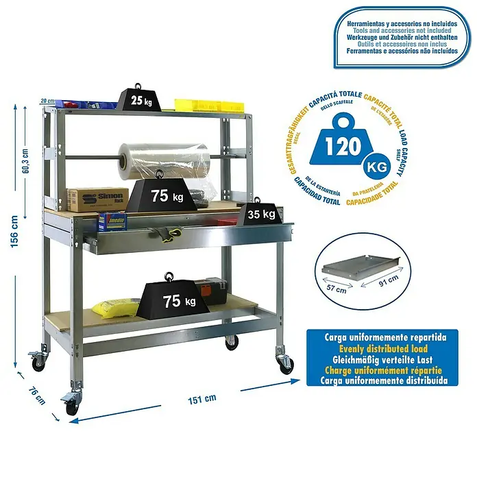 Simonrack Simonwork Banco de trabajo BT4 Box Mobile - L x An x Al: 76 x 151 x 152 cm, Capacidad de carga: 120 kg, Galvanizado - Dibujo técnico