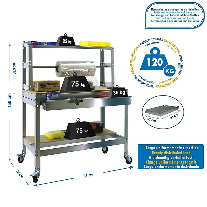 Simonrack Simonwork Banco de trabajo BT4 Box Mobile - L x An x Al: 76 x 91 x 152 cm, Capacidad de carga: 120 kg, Galvanizado - Dibujo técnico