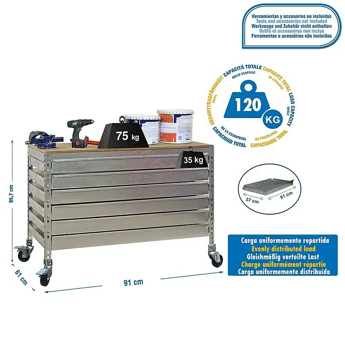 Simonrack Simonwork Banco de trabajo BT5 Box Mobile - L x An x Al: 61 x 91 x 91,7 cm, Capacidad de carga: 280 kg, Galvanizado - Dibujo técnico