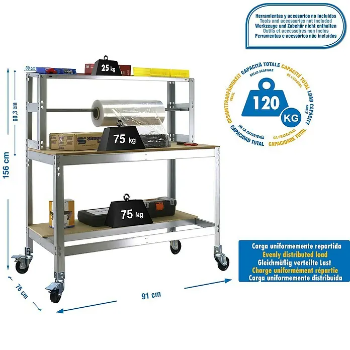 Simonrack Simonwork Banco de trabajo BT4 Mobile - L x An x Al: 76 x 91 x 152 cm, Capacidad de carga: 120 kg, Galvanizado - Dibujo técnico