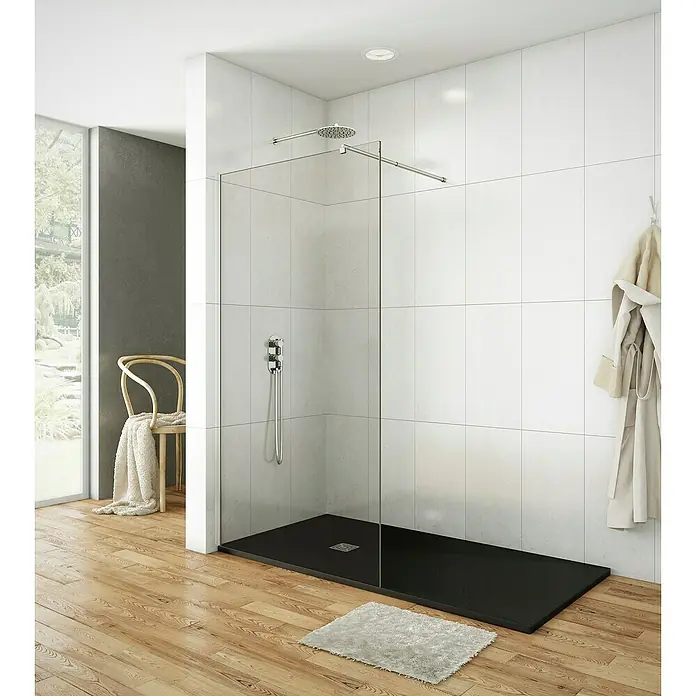 GME Mampara de ducha fija Screen - An x Al: 78 x 195 cm, Vidrio transparente, Espesor: 8 mm, Plata brillo - Foto ambiente