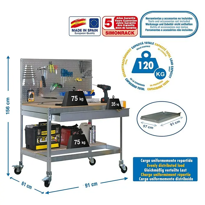Simonrack Simonwork Banco de trabajo BT2 Box Mobile - L x An x Al: 61 x 91 x 152 cm, Capacidad de carga: 120 kg, Galvanizado - Dibujo técnico