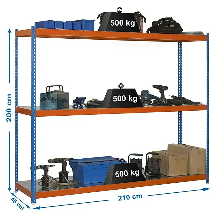 Simonrack Simonforte Estantería para cargas pesadas Metal - L x An x Al: 45 x 210 x 200 cm, Capacidad de carga: 500 kg/balda, Número de baldas: 3 ud., Azul/Naranja - Dibujo técnico