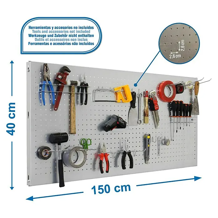 Simonrack Panelclick Panel perforado con 22 ganchos - L x An: 150 x 40 cm, Galvanizado - Dibujo técnico