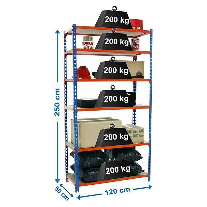 Simonrack Maderclick Estantería metálica Megaplus - L x An x Al: 30 x 80 x 250 cm, Capacidad de carga: 200 kg/balda, Número de baldas: 6 ud., Inserción, Azul/Naranja - Dibujo técnico