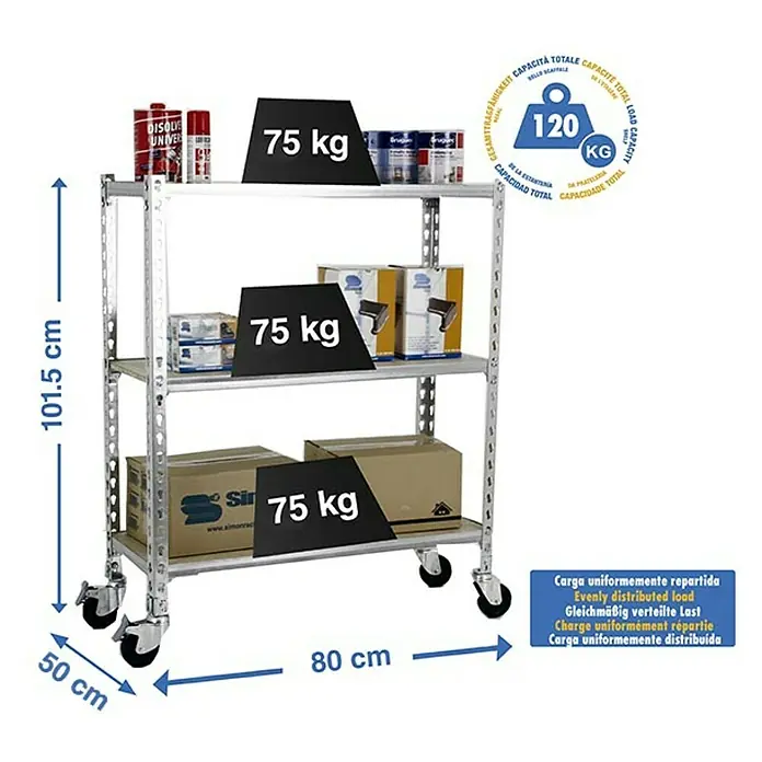Simonrack Maderclick Estantería metálica Mobile Mini - L x An x Al: 50 x 80 x 97,5 cm, Capacidad de carga: 75 kg/balda, Número de baldas: 3 ud., Inserción, Galvanizado - Dibujo técnico