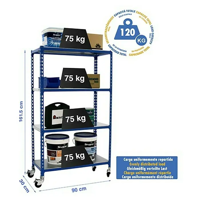 Simonrack Simonclick Estantería metálica Mobile - L x An x Al: 30 x 90 x 157,5 cm, Capacidad de carga: 75 kg/balda, Número de baldas: 4 ud., Inserción, Azul - Dibujo técnico