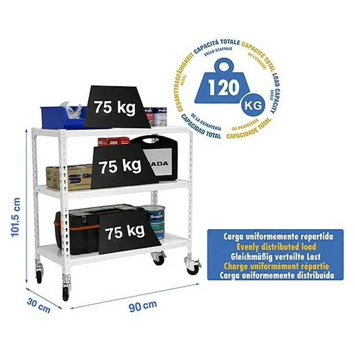 Simonrack Simonclick Estantería metálica Mobile - L x An x Al: 30 x 90 x 97,5 cm, Capacidad de carga: 75 kg/balda, Número de baldas: 3 ud., Inserción, Blanco - Dibujo técnico