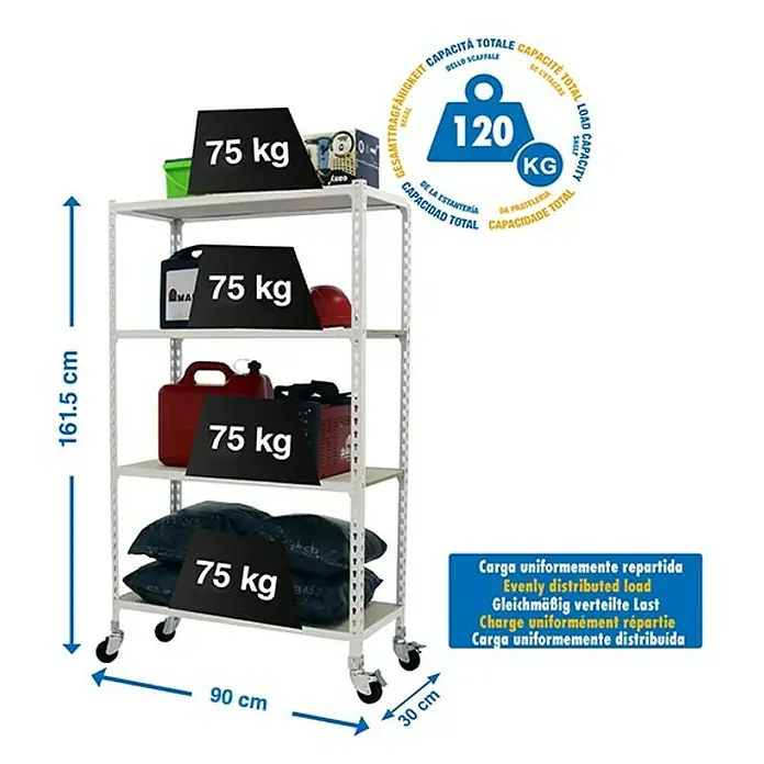 Simonrack Maderclick Estantería metálica Mobile - L x An x Al: 30 x 90 x 157,5 cm, Capacidad de carga: 75 kg/balda, Número de baldas: 4 ud., Inserción, Blanco - Dibujo técnico