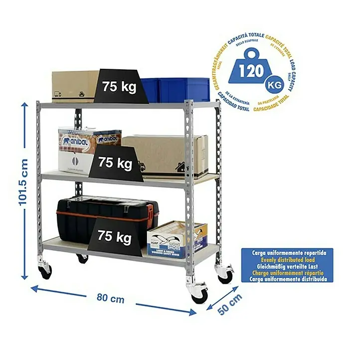 Simonrack Maderclick Estantería metálica Mobile Mini - L x An x Al: 50 x 80 x 97,5 cm, Capacidad de carga: 75 kg/balda, Número de baldas: 3 ud., Inserción, Gris - Dibujo técnico