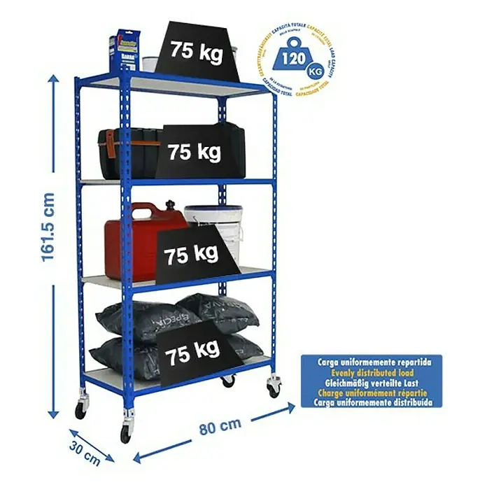 Simonrack Maderclick Estantería metálica Mobile Mini - L x An x Al: 30 x 80 x 157,5 cm, Capacidad de carga: 75 kg/balda, Número de baldas: 4 ud., Inserción, Azul - Dibujo técnico