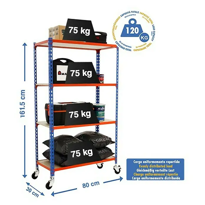 Simonrack Maderclick Estantería metálica Mobile Mini - L x An x Al: 30 x 80 x 157,5 cm, Capacidad de carga: 75 kg/balda, Número de baldas: 4 ud., Inserción, Azul/Naranja - Dibujo técnico