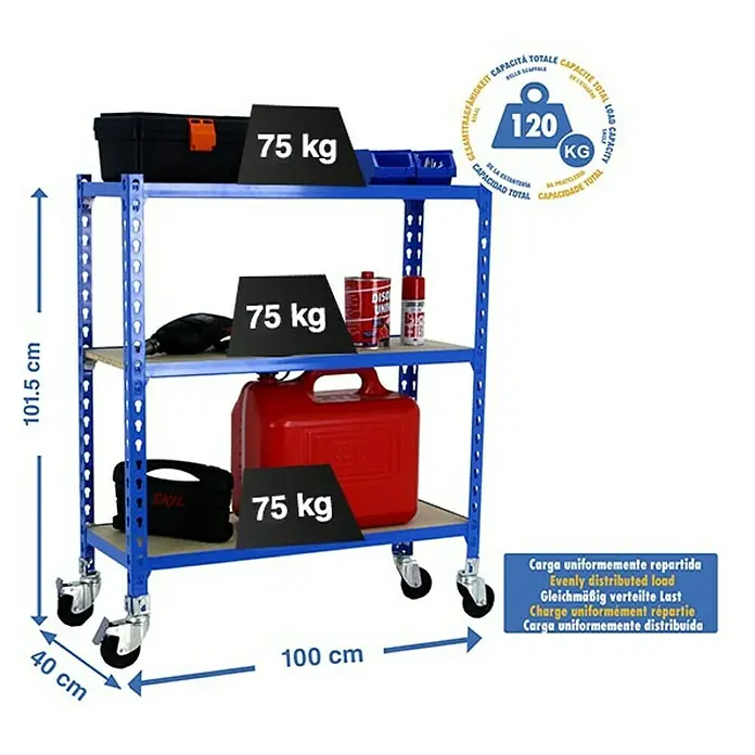 Simonrack Maderclick Estantería metálica Mobile Plus - L x An x Al: 40 x 100 x 97,5 cm, Capacidad de carga: 75 kg/balda, Número de baldas: 3 ud., Inserción, Azul - Dibujo técnico