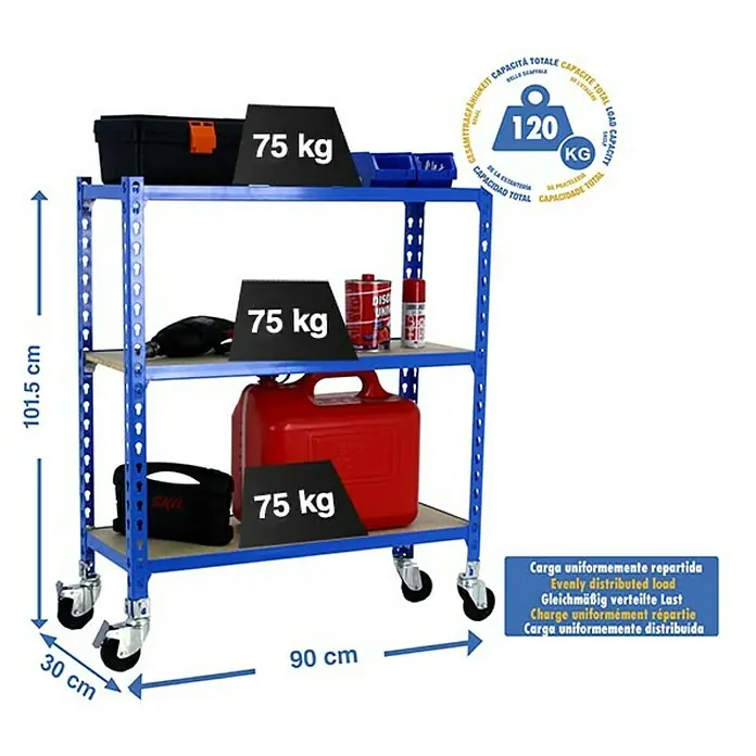 Simonrack Maderclick Estantería metálica Mobile - L x An x Al: 30 x 90 x 97,5 cm, Capacidad de carga: 75 kg/balda, Número de baldas: 3 ud., Inserción, Azul - Dibujo técnico