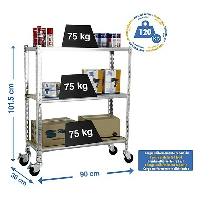 Simonrack Maderclick Estantería metálica Mobile - L x An x Al: 30 x 90 x 97,5 cm, Capacidad de carga: 75 kg/balda, Número de baldas: 3 ud., Inserción, Galvanizado - Dibujo técnico