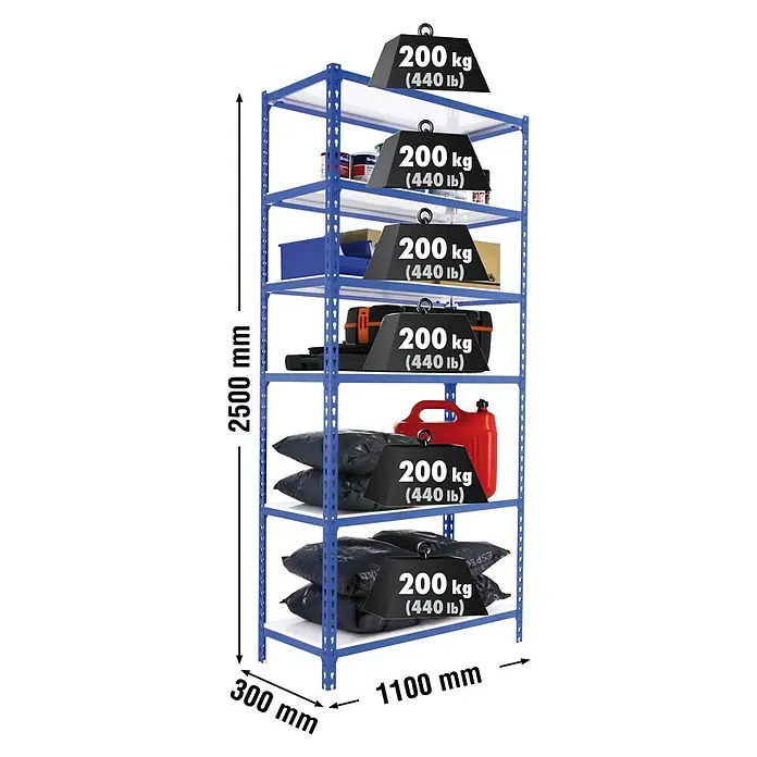 Simonrack Simonclick Estantería metálica Superplus - L x An x Al: 30 x 110 x 250 cm, Capacidad de carga: 200 kg/balda, Número de baldas: 6 ud., Inserción, Azul/Blanco - Dibujo técnico