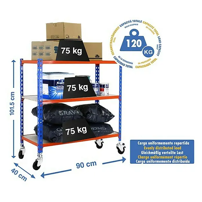Simonrack Maderclick Estantería metálica Mobile - L x An x Al: 40 x 90 x 97,5 cm, Capacidad de carga: 75 kg/balda, Número de baldas: 3 ud., Inserción, Azul/Naranja - Dibujo técnico