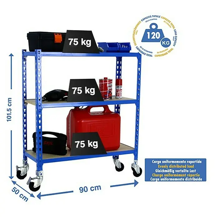 Simonrack Maderclick Estantería metálica Mobile - L x An x Al: 50 x 90 x 97,5 cm, Capacidad de carga: 75 kg/balda, Número de baldas: 3 ud., Inserción, Azul - Dibujo técnico