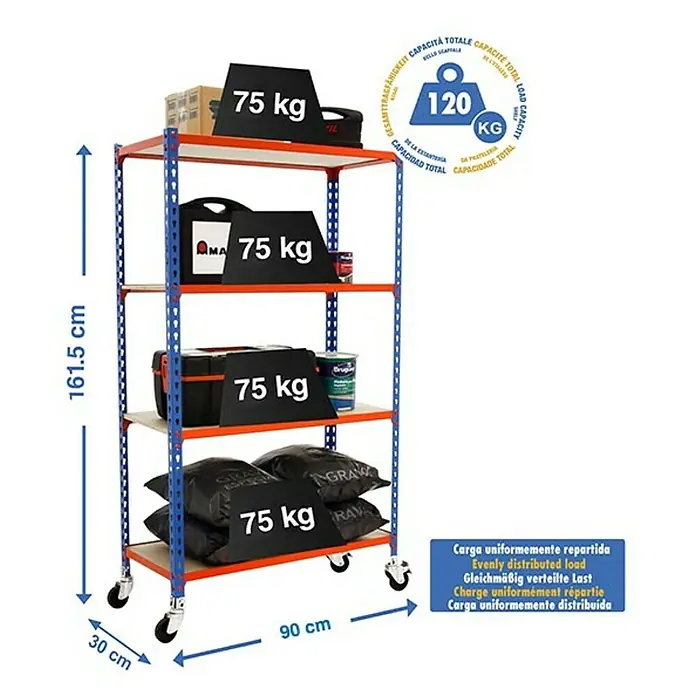 Simonrack Maderclick Estantería metálica Mobile - L x An x Al: 30 x 90 x 157,5 cm, Capacidad de carga: 75 kg/balda, Número de baldas: 4 ud., Inserción, Azul/Naranja - Dibujo técnico