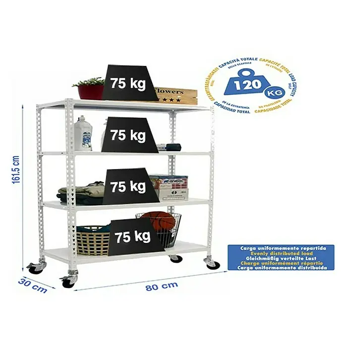 Simonrack Simonclick Estantería metálica Mobile Mini - L x An x Al: 30 x 80 x 157,5 cm, Capacidad de carga: 75 kg/balda, Número de baldas: 4 ud., Inserción, Blanco - Dibujo técnico