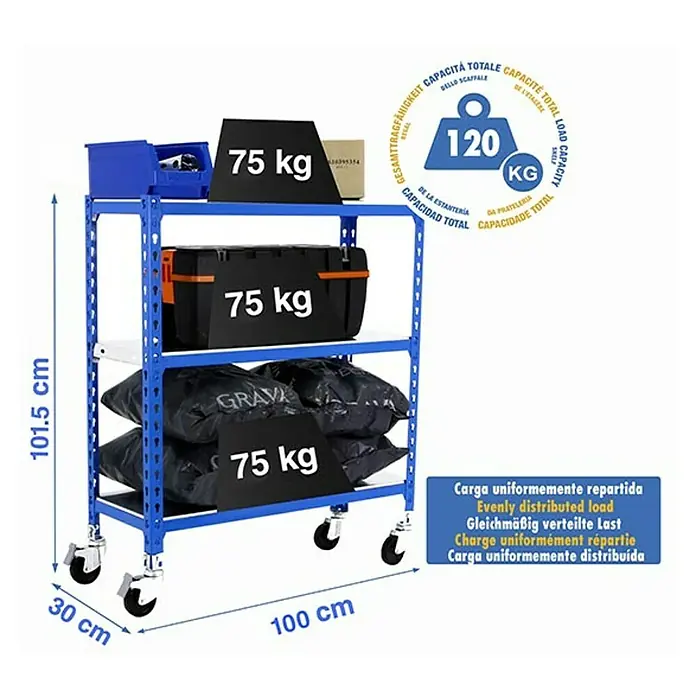 Simonrack Simonclick Estantería metálica Mobile Plus - L x An x Al: 30 x 100 x 97,5 cm, Capacidad de carga: 75 kg/balda, Número de baldas: 3 ud., Inserción, Azul - Dibujo técnico
