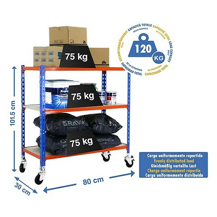 Simonrack Maderclick Estantería metálica Mobile Mini - L x An x Al: 30 x 80 x 97,5 cm, Capacidad de carga: 75 kg/balda, Número de baldas: 3 ud., Inserción, Azul/Naranja - Dibujo técnico