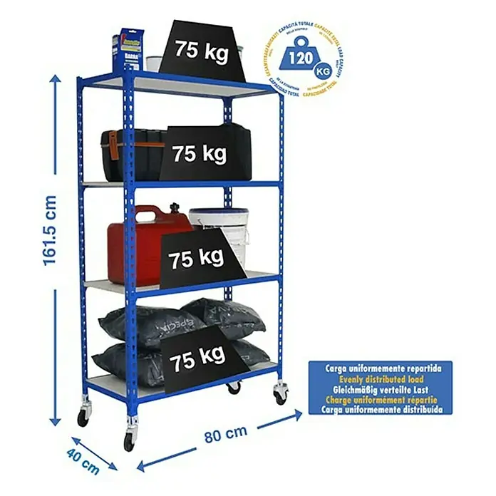 Simonrack Maderclick Estantería metálica Mobile Mini - L x An x Al: 40 x 80 x 157,5 cm, Capacidad de carga: 75 kg/balda, Número de baldas: 4 ud., Inserción, Azul - Dibujo técnico