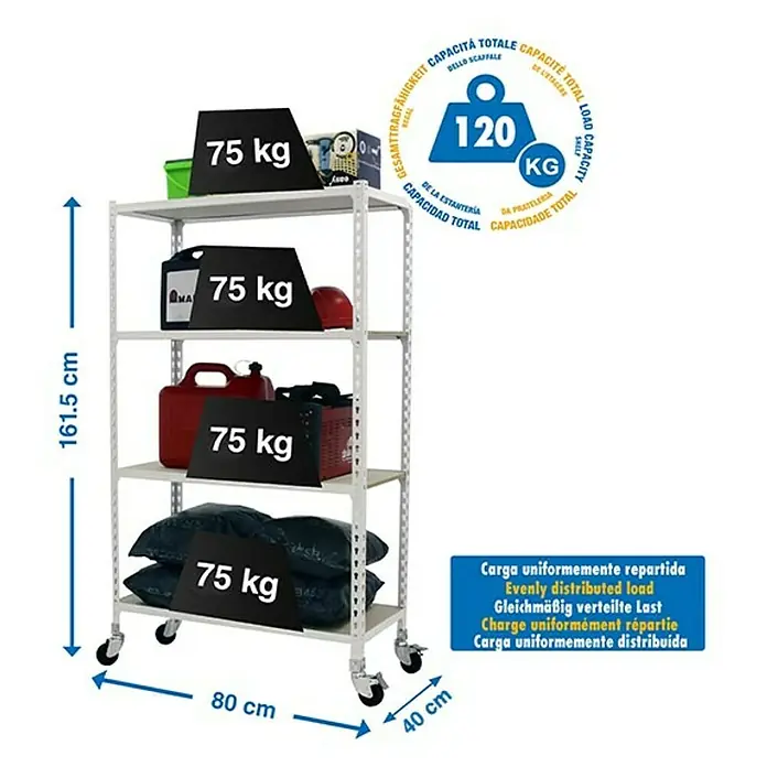 Simonrack Maderclick Estantería metálica Mobile Mini - L x An x Al: 40 x 80 x 157,5 cm, Capacidad de carga: 75 kg/balda, Número de baldas: 4 ud., Inserción, Blanco - Dibujo técnico