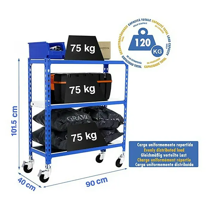 Simonrack Simonclick Estantería metálica Mobile - L x An x Al: 40 x 90 x 97,5 cm, Capacidad de carga: 75 kg/balda, Número de baldas: 3 ud., Inserción, Azul - Dibujo técnico