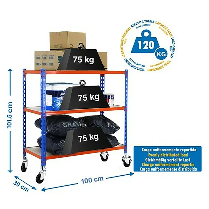 Simonrack Maderclick Estantería metálica Mobile Plus - L x An x Al: 30 x 100 x 97,5 cm, Capacidad de carga: 75 kg/balda, Número de baldas: 3 ud., Inserción, Azul/Naranja - Dibujo técnico